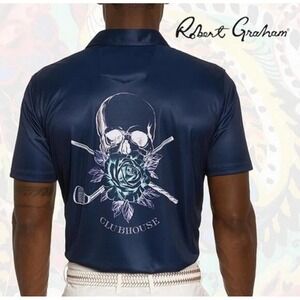 Robert Graham Blade Iron Short Sleeve Polo Shirt Skull Rose Graphic Navy‎ Small
